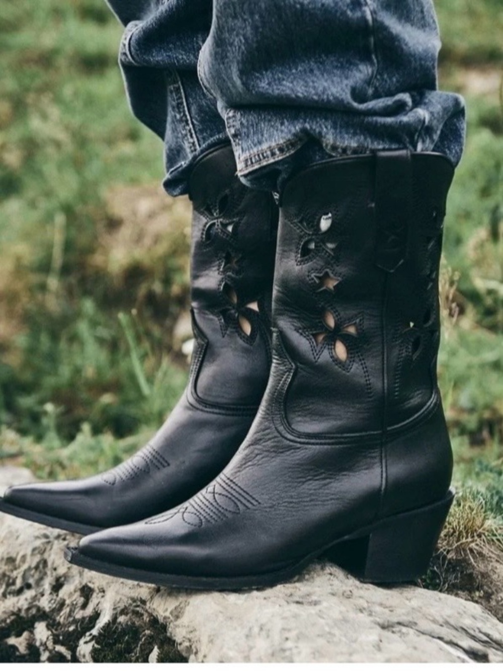 Free People Black Western Cutout Leather Mid-Calf Boots